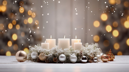 Christmas decoration with candles and baubles on bokeh backgroundの素材