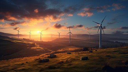 wind turbines at sunrise in the countryside. green energy, nature background.の素材