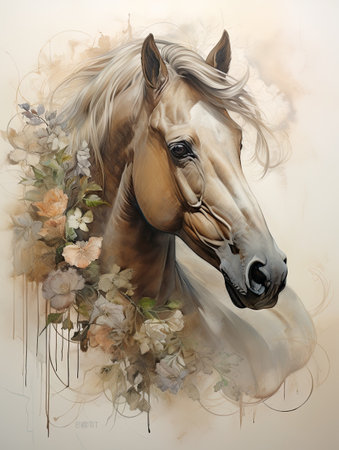 Horse head with flowers and leaves on a white background. Hand-drawn stile illustration.の素材