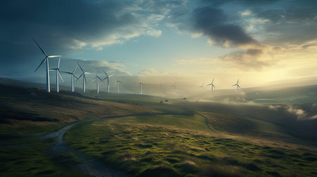 wind turbines at sunrise in the countryside. green energy, nature background.の素材