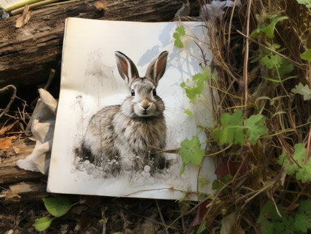 Artistic drawing of a hare head with flowers on a canvas. artist sketchbook.の素材