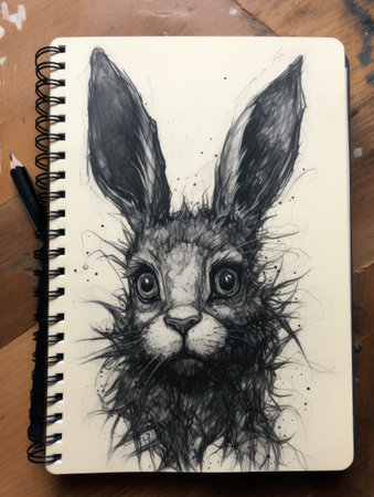 Artistic drawing of a hare head with flowers on a canvas. artist sketchbook.の素材