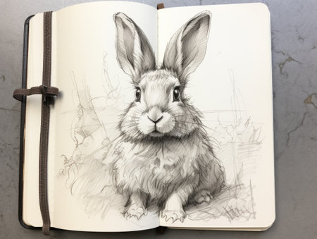 Rabbit sketch on a book with a pencil on a gray backgroundの素材