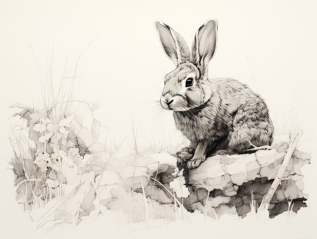 Rabbit sitting on a rock in the grass toneの素材