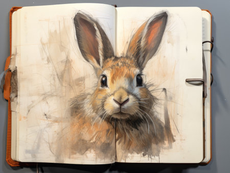 Rabbit and old book on a gray background, close-upの素材