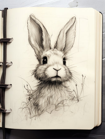 Artistic drawing of a hare head with flowers on a canvas. artist sketchbook.の素材