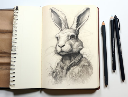 Rabbit sketchbook and pencils on white background, stock photoの素材