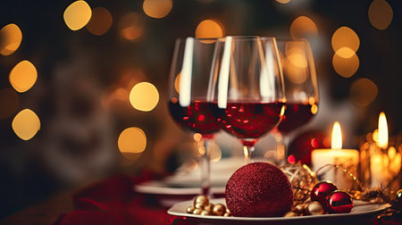 Two glasses of red wine on christmas table with bokeh backgroundの素材