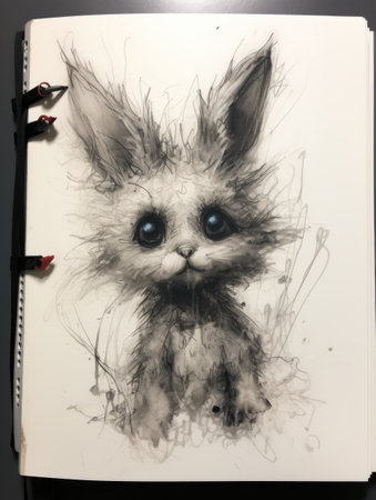 Artistic portrait of a bunny in a black and white sketchbookの素材