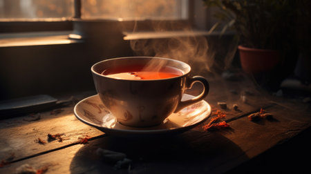 A cup of hot tea on a wooden table in the rays of the morning sunの素材