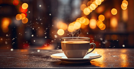 A cup of coffee on wet pavement. bokeh lighting. night street.の素材
