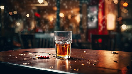 Glass of whiskey on the table in a pub. Blurred backgroundの素材