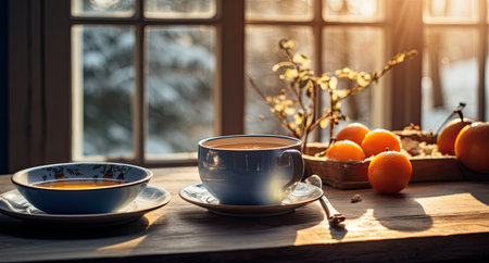Cup of coffee and oranges on the windowsill in the morningの素材