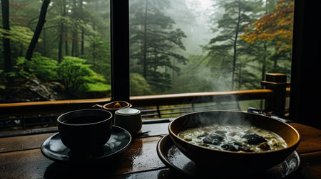 Hot soup and cup of tea on the wooden table with foggy forest background.の素材