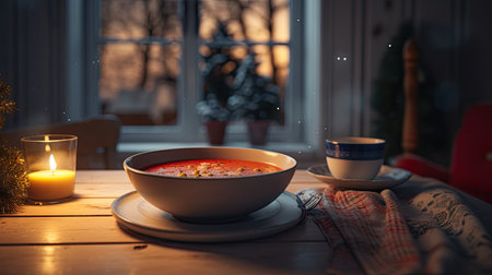 Tomato soup in a bowl on a wooden table in the eveningの素材