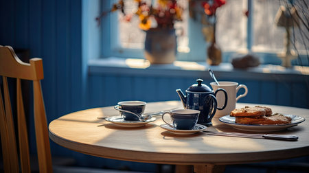 Cup of coffee and croissants on a table in a cafe Blue teapot and two cups of tea.の素材
