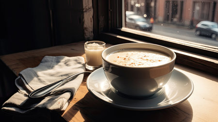 A cup of soup on the windowsill in the morning light.の素材