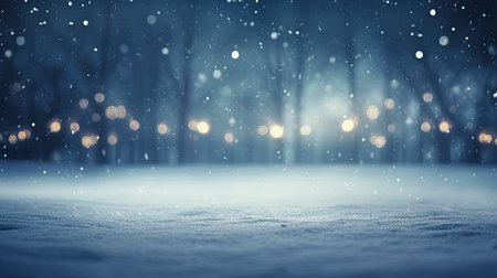 Winter background with falling snow and bokeh lights. Winter season, forest out of focus, bokeh light.の素材