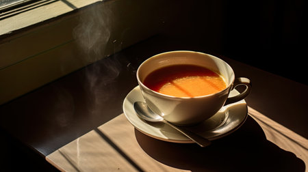 A cup of hot bouillon on the table in the morning sunlight.の素材