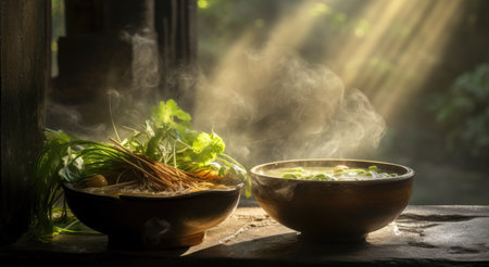 Thai spicy soup with herbs in clay bowl on wooden table.の素材