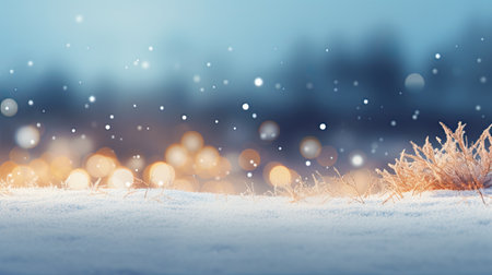 Winter background with snowflakes and bokeh lights. Dry grass in snow. close-up view.の素材
