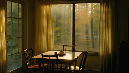Interior of a dining room with a window overlooking the autumn forest. Table and four chairs in the room near the window.の素材