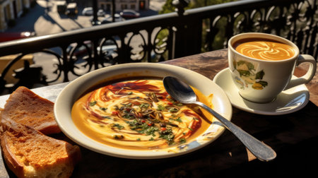 Lunch with soup and coffee on the terrace.の素材