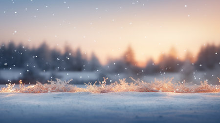 Frozen winter forest with snow covered trees. forest out of focus. Blurred light. Dry grass in the snow. winter background.の素材