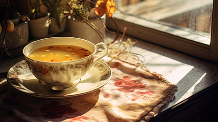 A cup of soup on the windowsill in the morning light.の素材