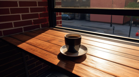 Cup of coffee on a wooden table in front of a windowの素材