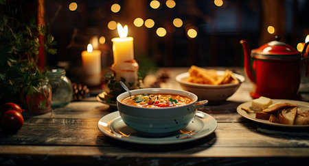 Soup in a blue bowl on a wooden table with bread and candlesの素材