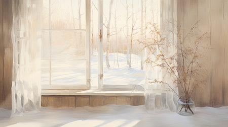 White vase with dry flowers on the windowsill in winter. view through the window. winter season. Morning lighting.の素材
