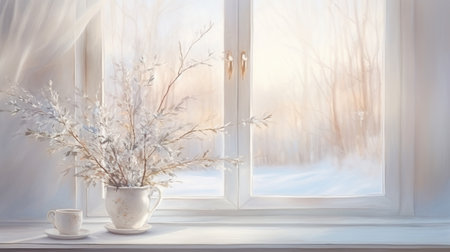 White cup of coffee and vase with dry flowers on windowsill in winterの素材