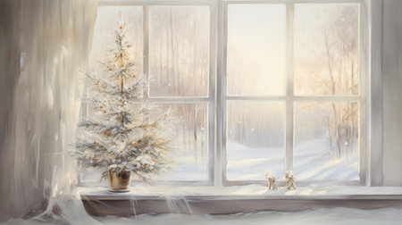 Christmas tree on the windowsill. winter landscape. Christmas background.の素材
