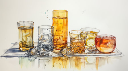 Colorful drinks in glasses on a white background. watercolor style paintingの素材