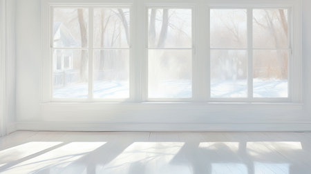 Empty white room with window and view of winter landscape.の素材