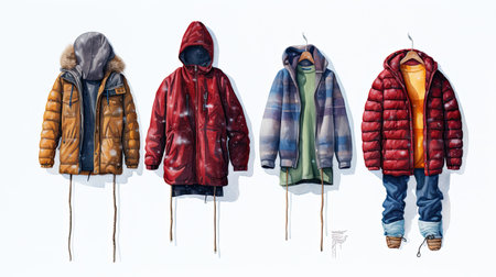 Women's winter jackets on a white background. Watercolor illustration styleの素材