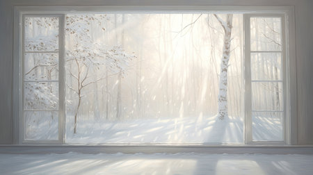 Modern bright interiors. view through the window. winter season. Empty room. Morning lighting.の素材