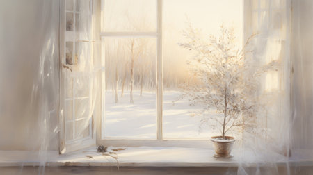 White vase with dry flowers on the windowsill in winter. view through the window. winter season. Morning lighting.の素材