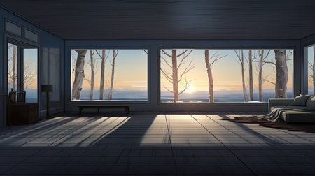 Modern bright interiors. view through the window. winter season. Empty room. Morning lighting.の素材