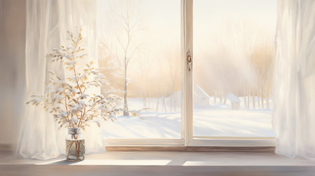 White vase with dry flowers on the windowsill in winter. view through the window. winter season. Morning lighting.の素材