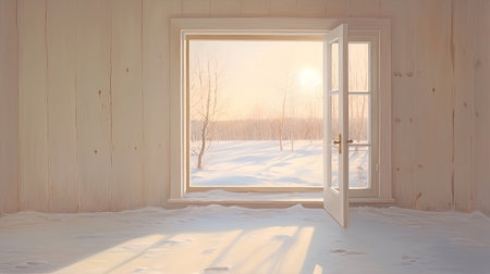 Modern bright interiors. view through the window. winter season. Empty room. Morning lighting.の素材