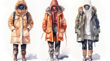 Winter fashion collection. Watercolor hand drawn illustration of trendy women wearing warm clothes.の素材