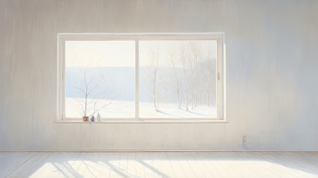 3d rendering of a window in a room with a winter landscapeの素材