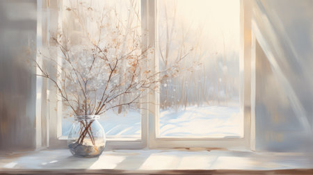 Flowers in vase on the windowsill in the winter.の素材