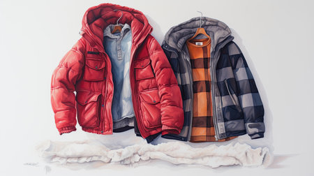 Stylish winter clothes on white background. Fashionable men's clothing. Watercolor illustration styleの素材