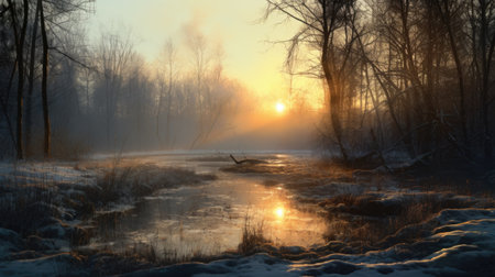 Foggy morning on the river in the winter forest. landscape.の素材