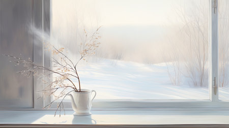 White vase with dry flowers on the windowsill in winter. view through the window. winter season. Morning lighting.の素材