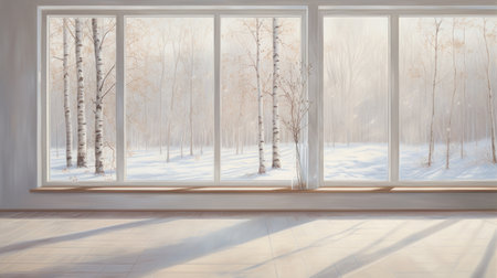 Modern bright interiors. view through the window. winter season. Empty room. Morning lighting.の素材