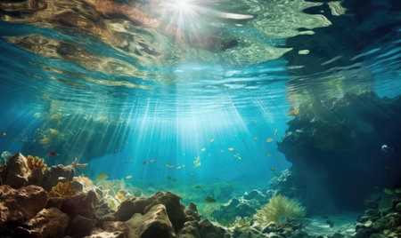 Underwater view of coral reef with fishes and rays of light.の素材